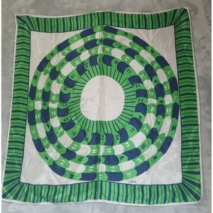 Vera Neumann Vintage Silk Scarf Green Navy Blue Geometric Square Made in Japan